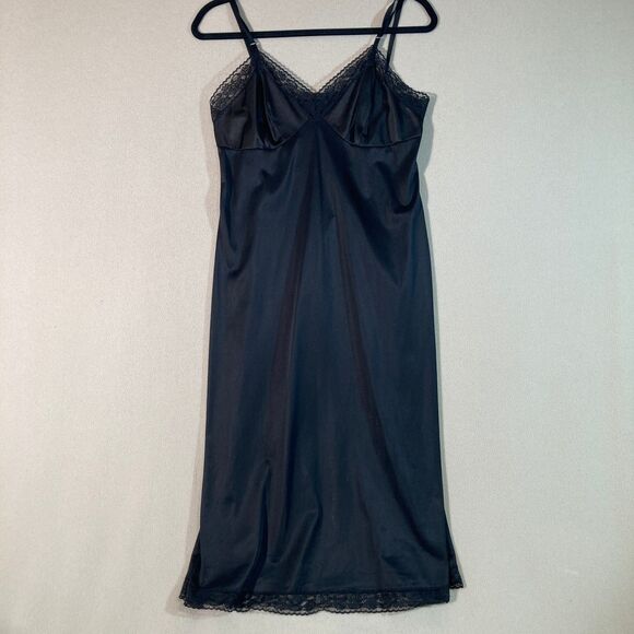 Vintage Vanity‎ Fair Women's Maxi Slip Dress Size M 36 Black Lace Trim V Neck - Picture 1 of 10